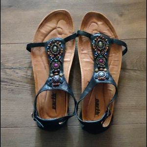 Earth Black Leather and Bead Embellished Sandals
